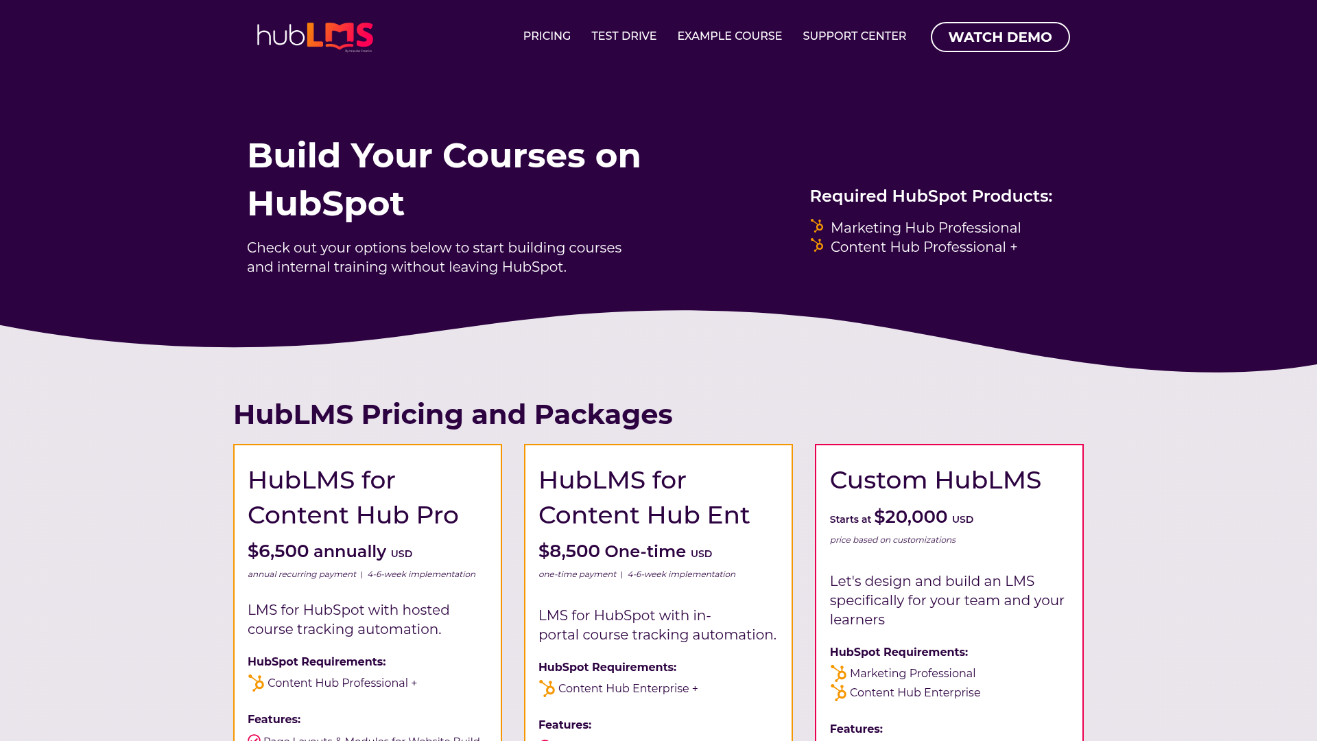 Screenshot of https://hublms.com/pricing