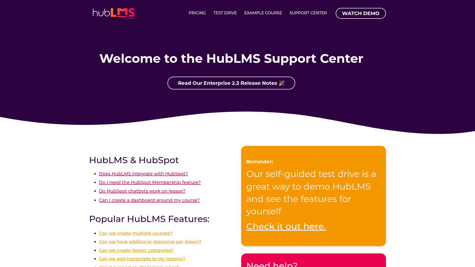 Screenshot of https://hublms.com/support