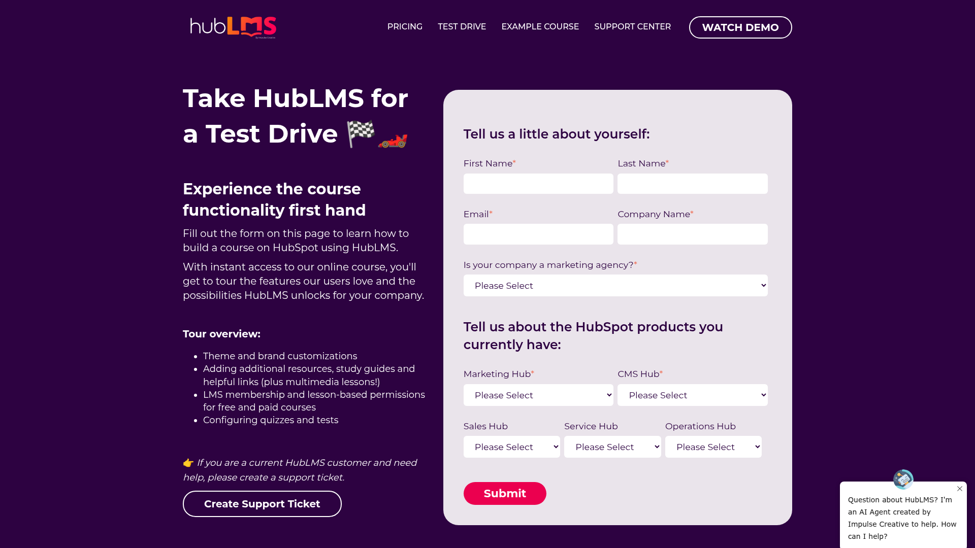 Screenshot of https://hublms.com/test-drive