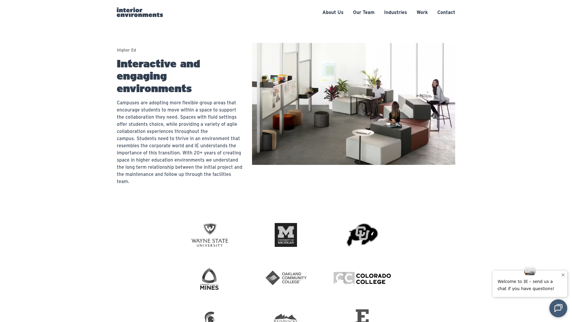 Screenshot of https://ieoffices.com/industry/higher-ed/