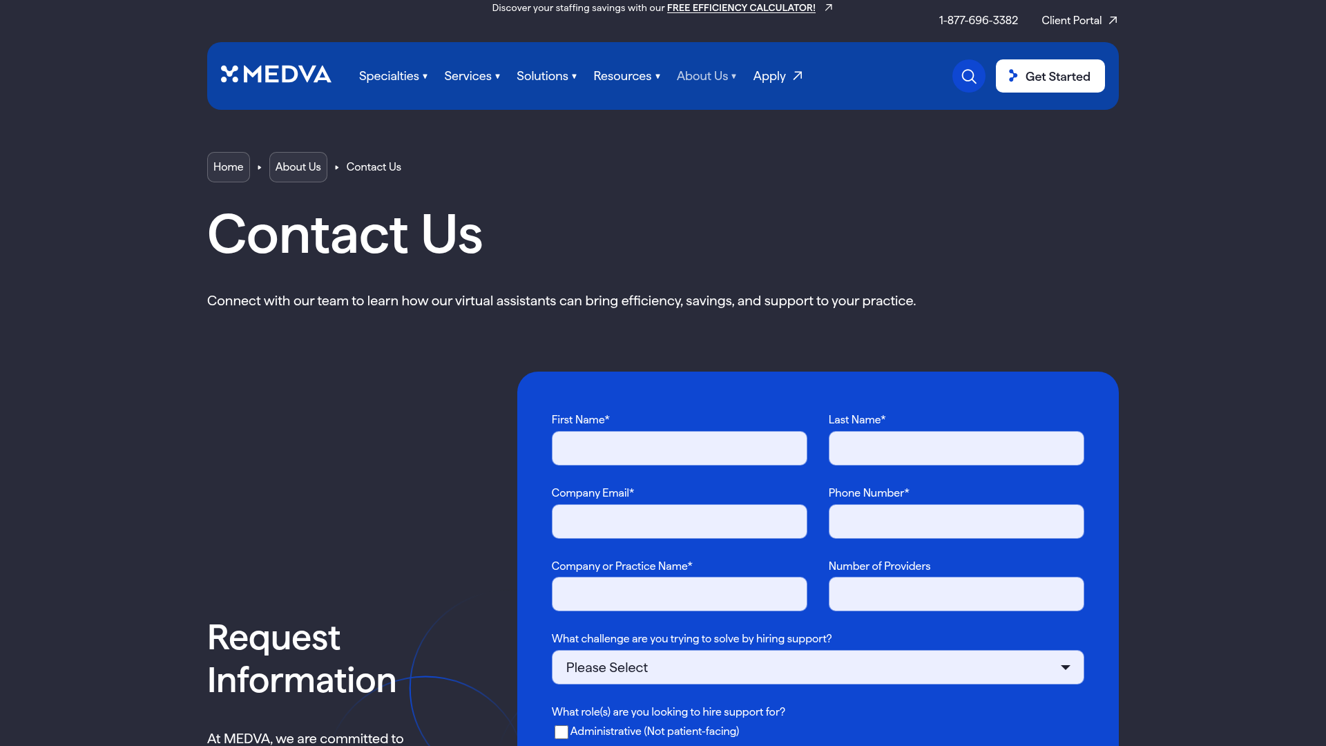 Screenshot of https://www.medva.com/about-us/contact-us/