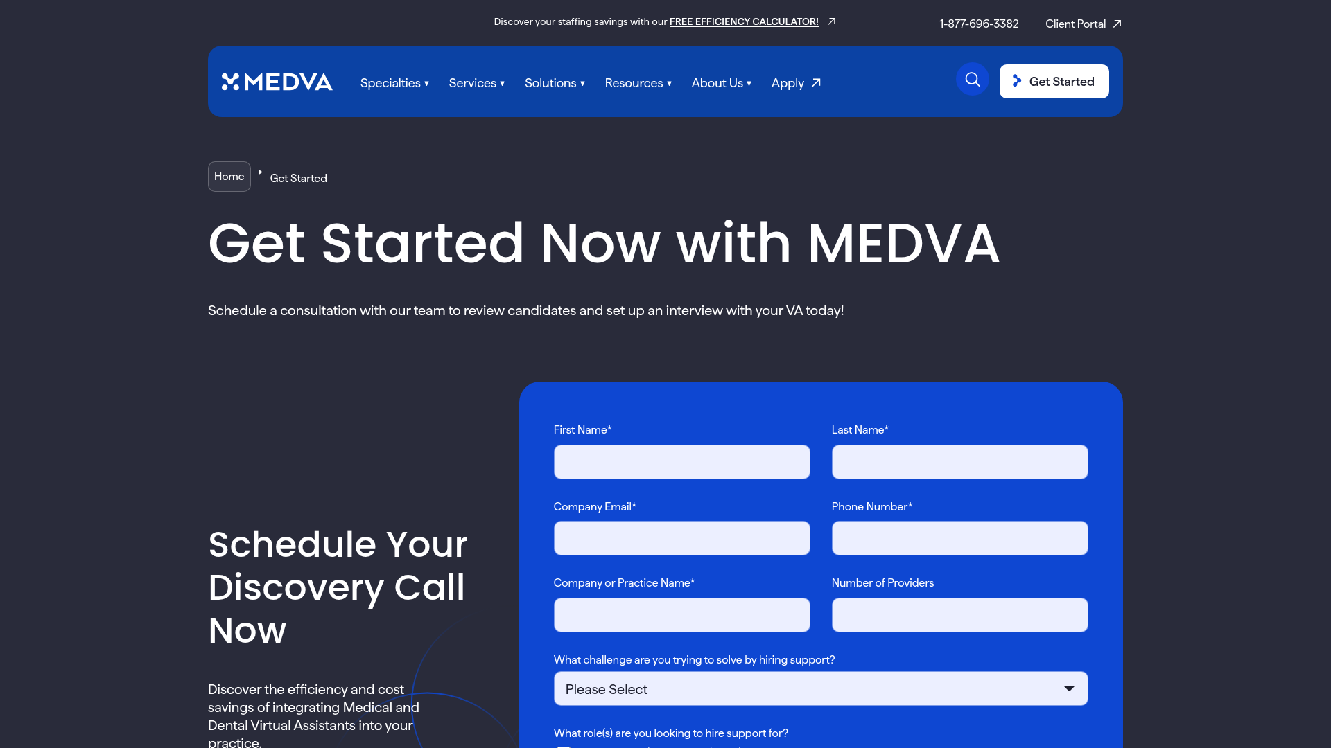 Screenshot of https://www.medva.com/get-started/