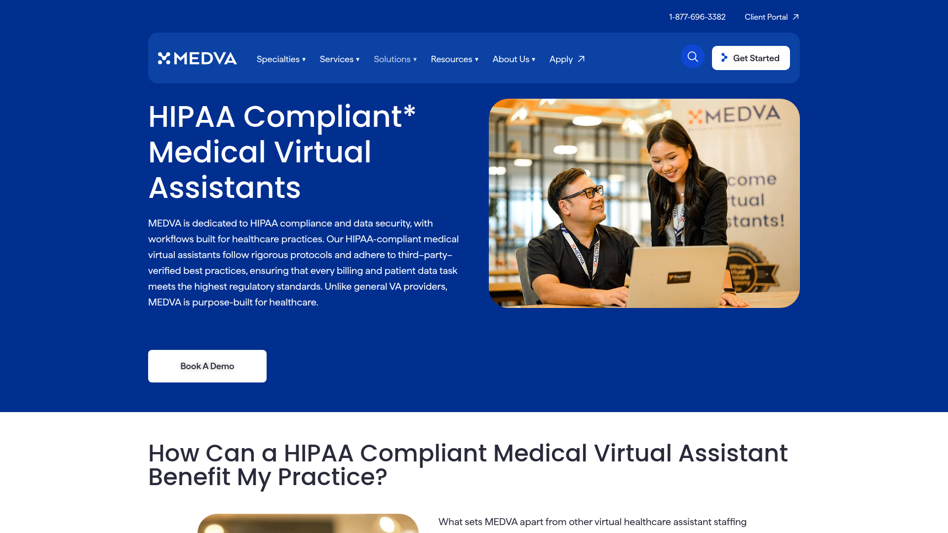 Screenshot of https://www.medva.com/our-solutions/hipaa-compliant-medical-virtual-assistant/