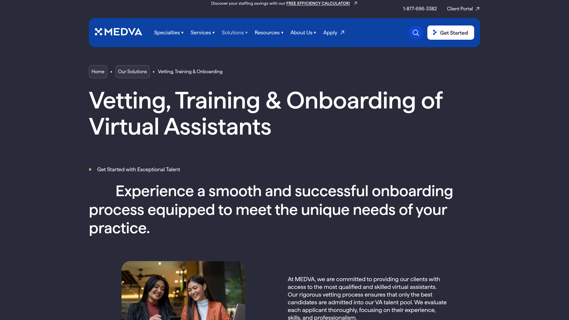 Screenshot of https://www.medva.com/our-solutions/vetting-training-onboarding/