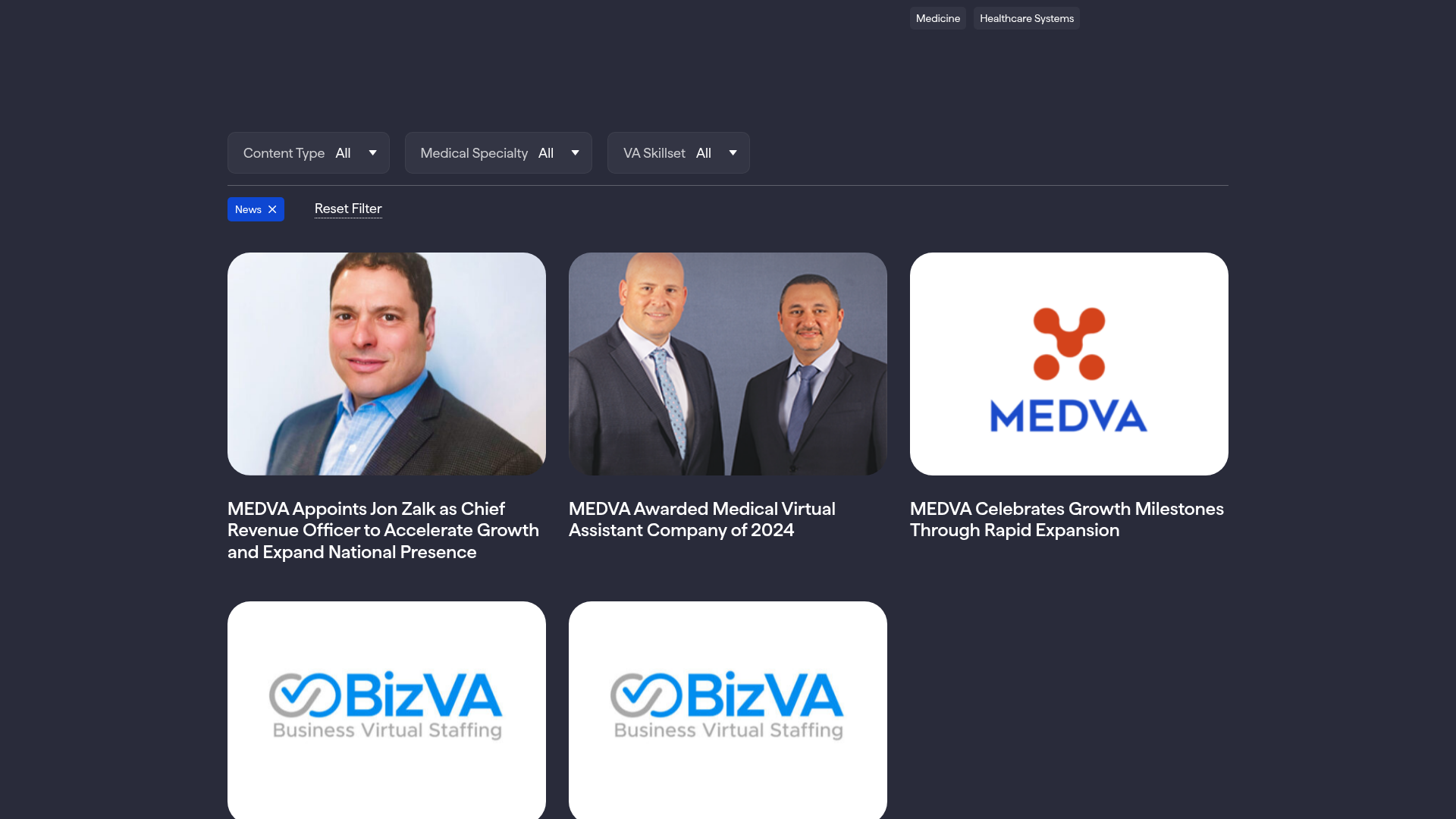 Screenshot of https://www.medva.com/resources/?type=news