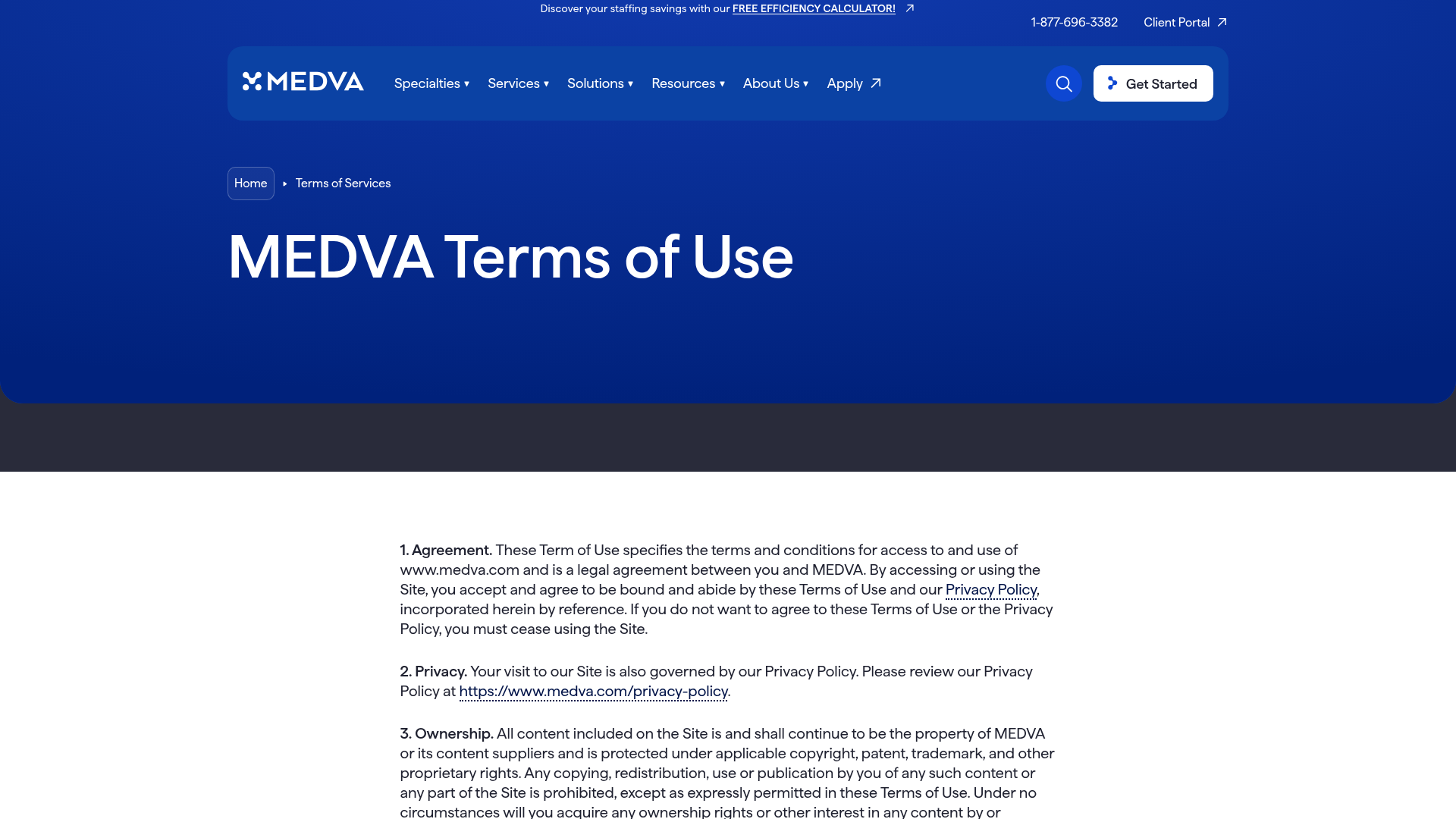 Screenshot of https://www.medva.com/terms-of-services/