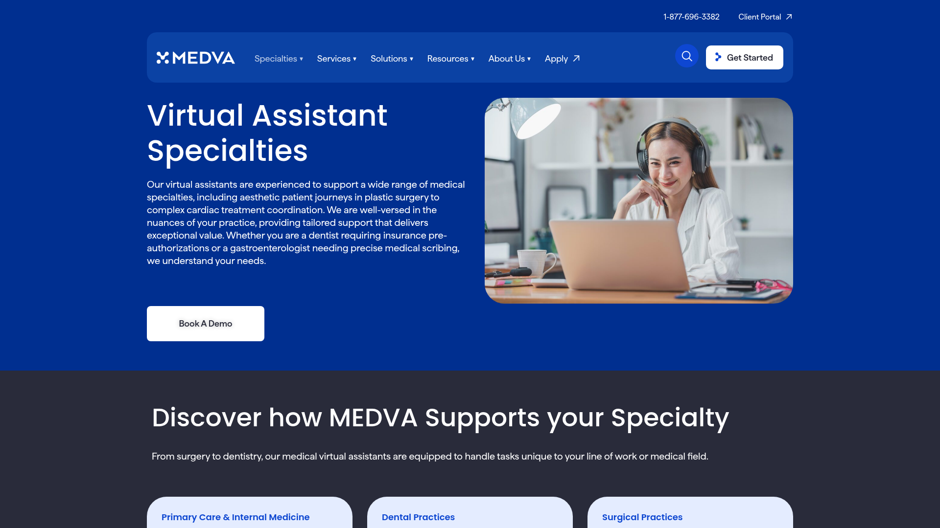 Screenshot of https://www.medva.com/virtual-assistant-specialties/
