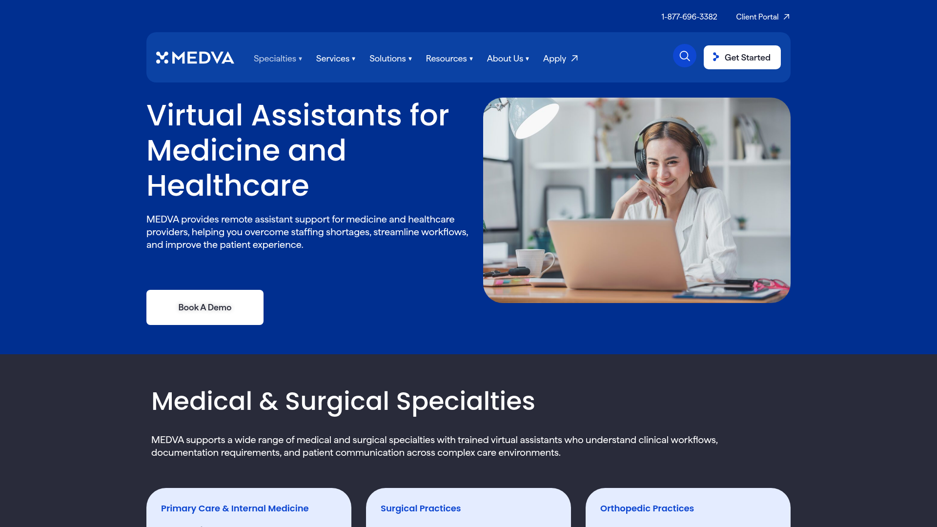 Screenshot of https://www.medva.com/virtual-assistant-specialties/medicine/