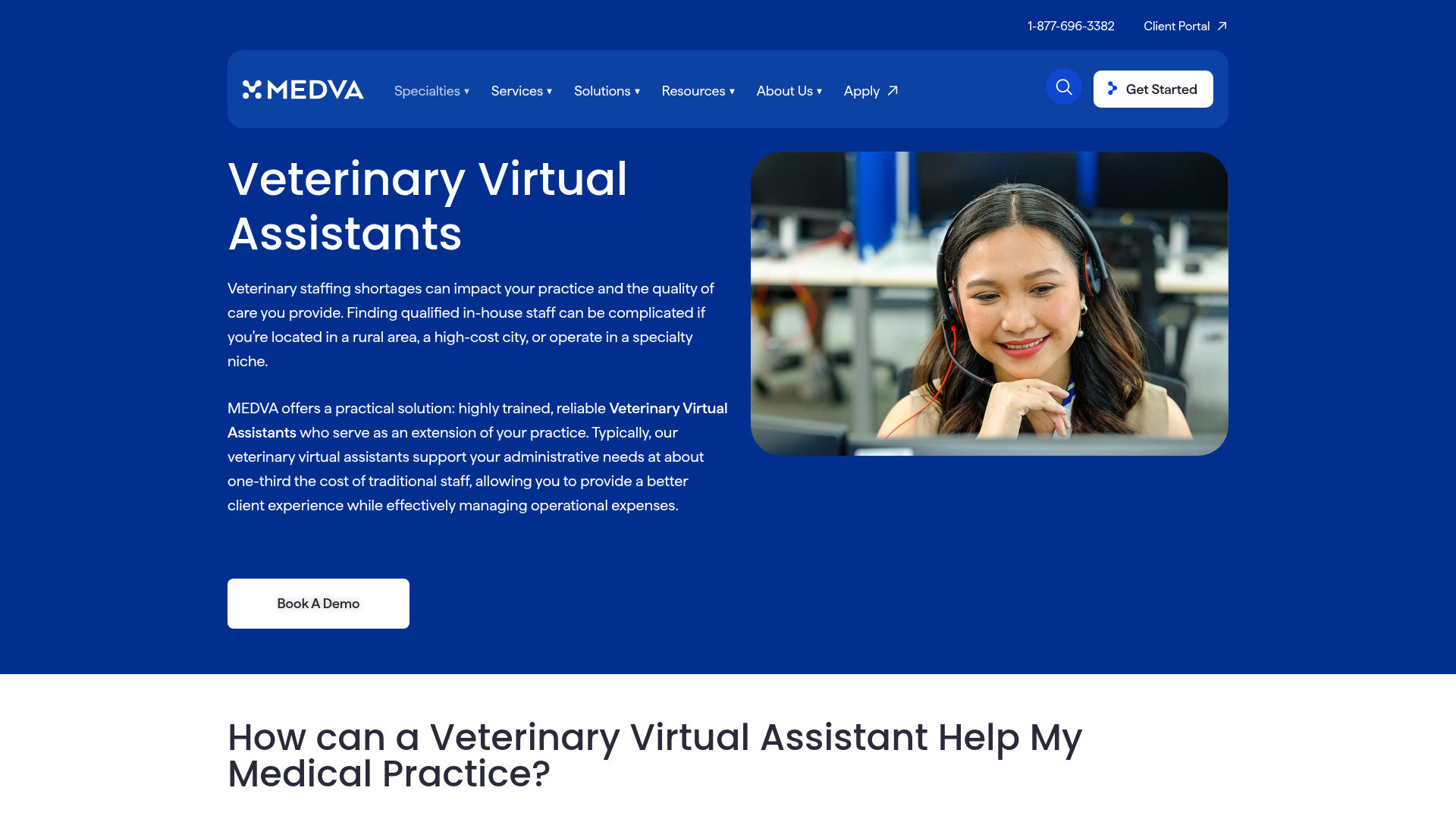 Screenshot of https://www.medva.com/virtual-assistant-specialties/veterinary-virtual-assistant/