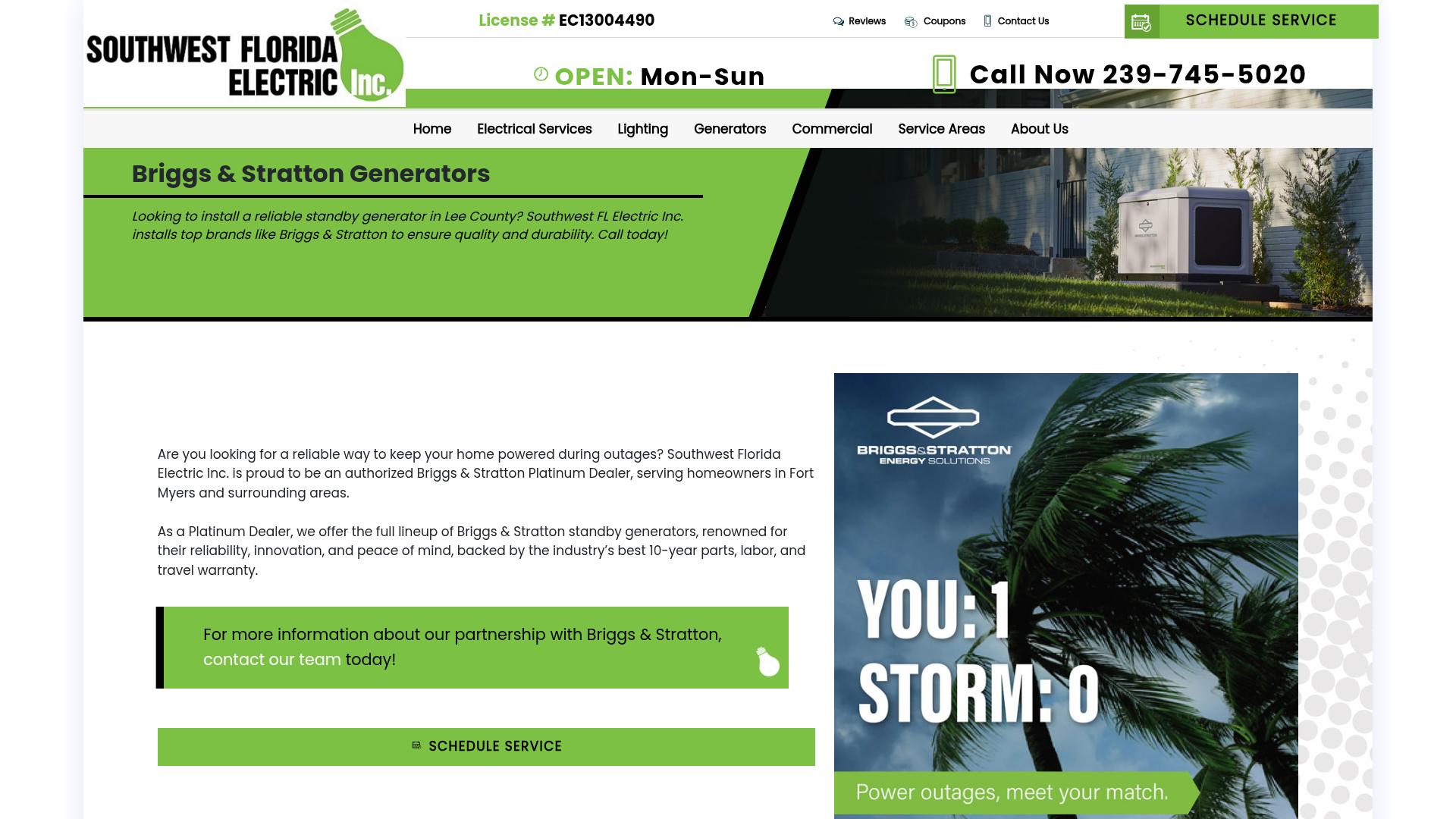 Screenshot of https://www.swflelectric.com/briggs-stratton-generators/