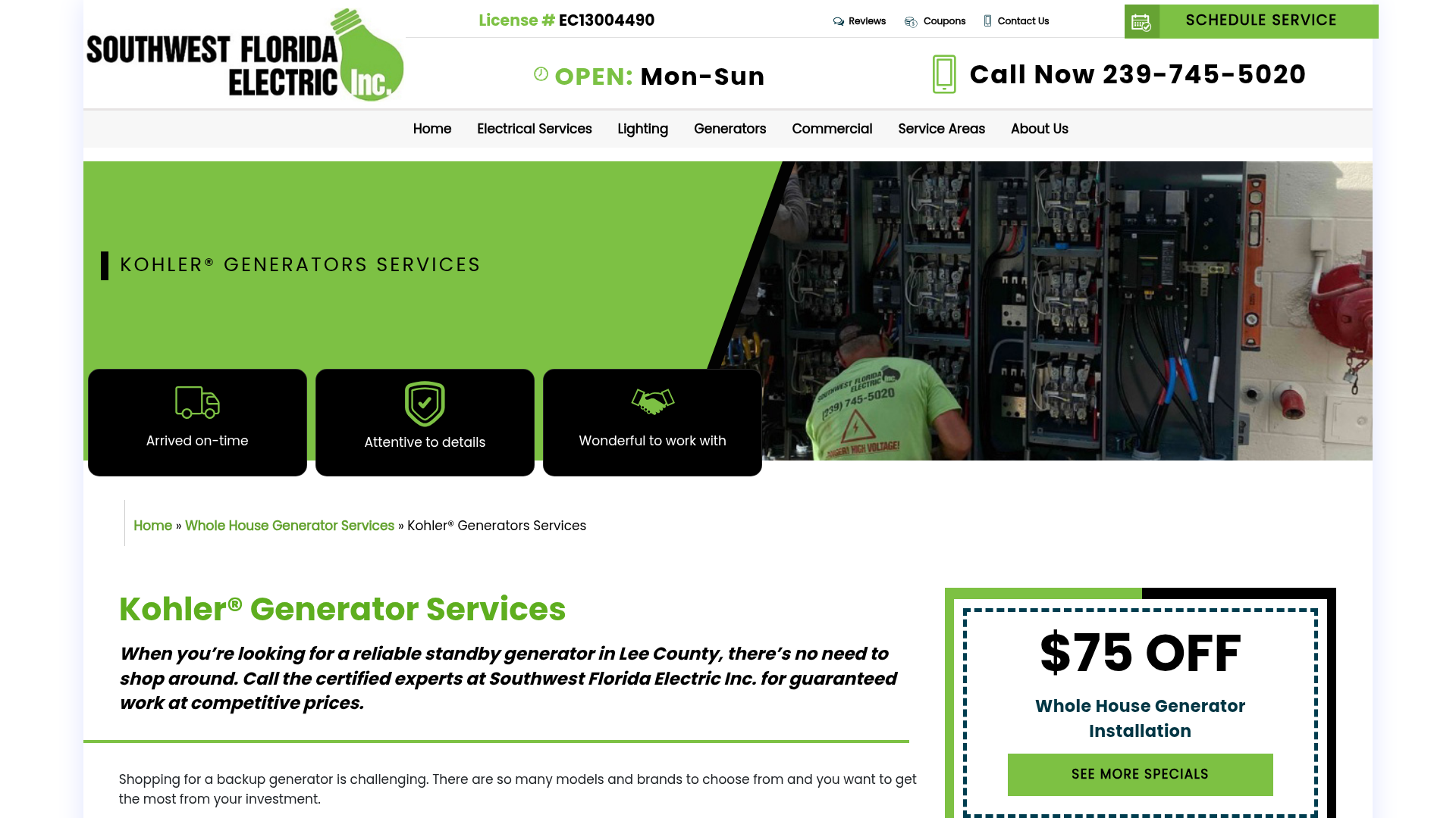 Screenshot of https://www.swflelectric.com/home-standby-generators/kohler/